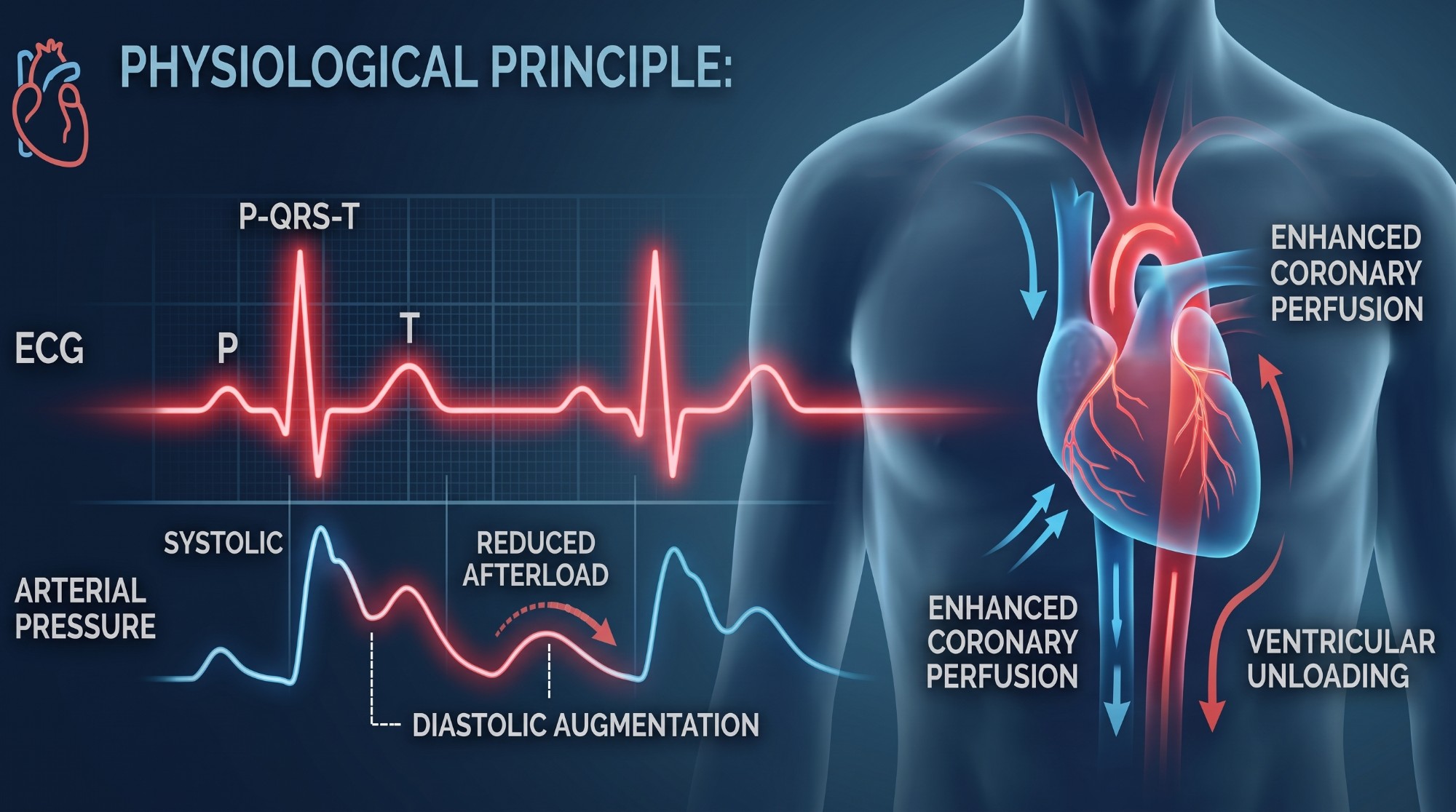 Physiological principle: enhanced coronary perfusion, reduced afterload and ventricular unloading